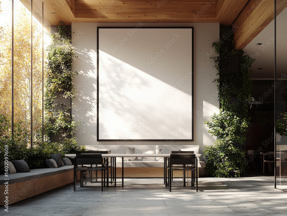 Poster modern interior space featuring large blank wall, surrounded by greenery and natural light. minimalist design includes sleek table and chairs, creating serene atmosphere