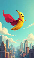 Naklejka premium Cartoon Banana Superhero Flying Through the Sky – City Skyline Below with Heroic Cape, Mobile Wallpaper