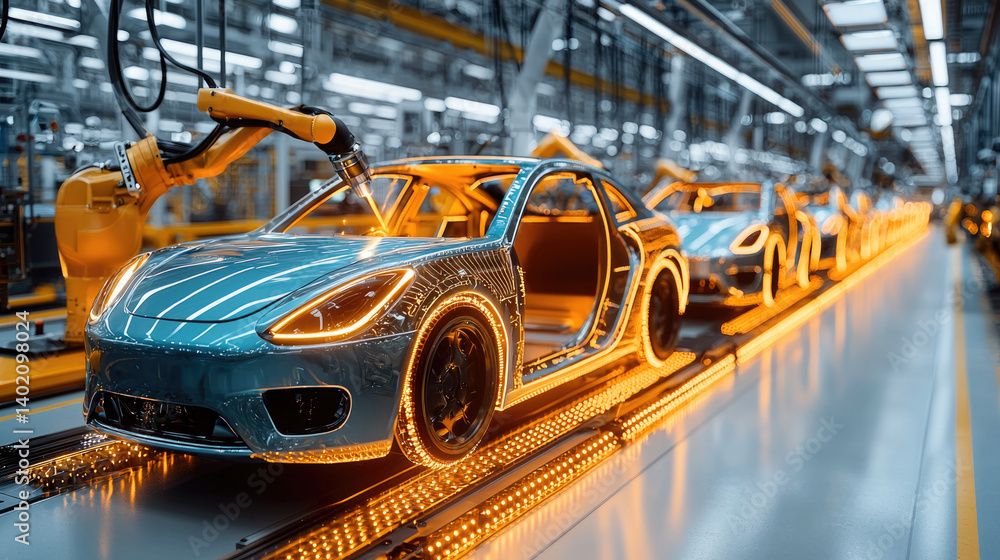Poster automated robotic arms are assembling modern cars in high tech factory, showcasing advanced manufact