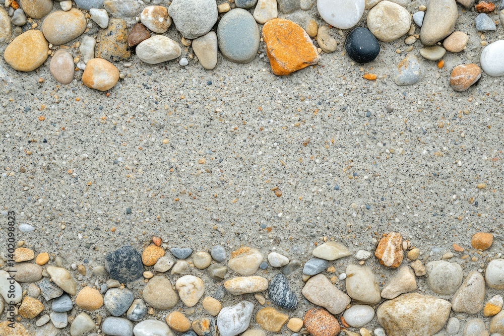 Poster a close-up view of a textured surface featuring various stones and pebbles embedded in light-colored