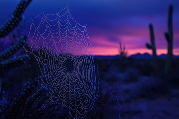 Dew-covered spiderweb at sunrise, desert landscape, cacti silhouettes.