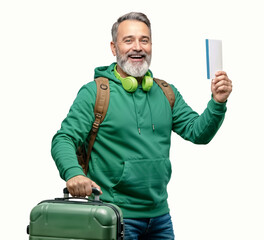 A senior man with grey hair and beard in green hoodie, holding green travel suitcase and ticket boarding pass, ready to fly for a vacation, isolated on solid light background.