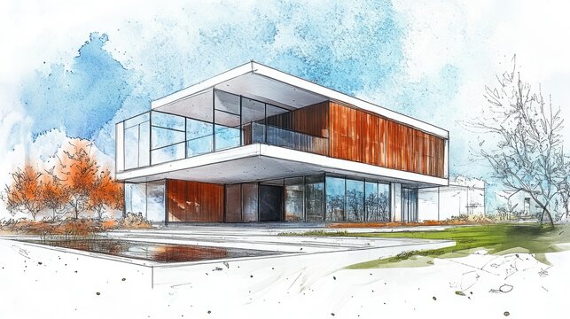 Modern architectural design of a sleek. minimalist building with large glass windows and wooden accents. set against a serene watercolor background depicting nature