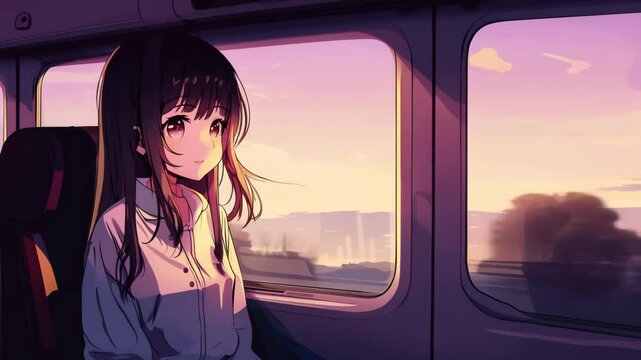 Anime Girl Traveling by Train at Twilight: Serene Lo-Fi Animation and Reflective Aesthetic