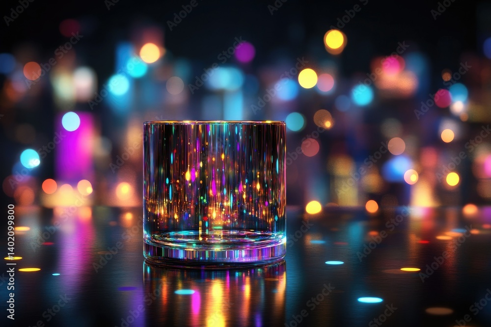 Poster a vibrant. illuminated crystal prism stands prominently in a futuristic cityscape at night. reflecti