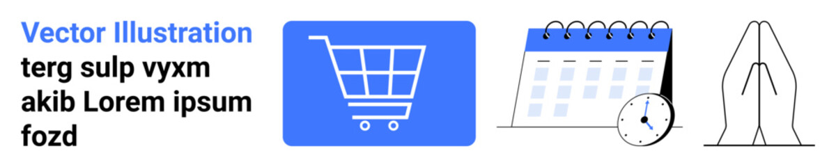Shopping cart for online purchases, clock beside a calendar for scheduling, and praying hands symbolizing hope. Ideal for e-commerce, planning, religion, mindfulness, time, gratitude simple landing