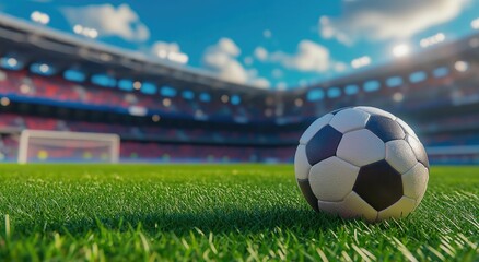 Naklejka premium A close-up view of a soccer ball resting on lush green grass in a vibrant stadium. with a cheering crowd in the background. capturing the excitement of a game day