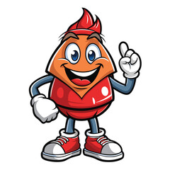 Cheerful, pointing cartoon character in red and orange