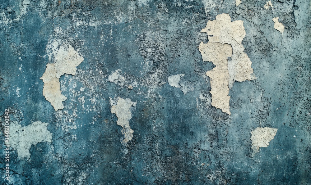 Poster a textured close-up of a weathered blue wall with cracks and peeling paint. creating a dramatic back