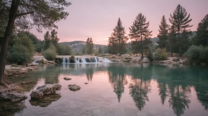 Fototapeta premium Serene Waterfall Sunset Tranquil River Lush Forest Pink Sky