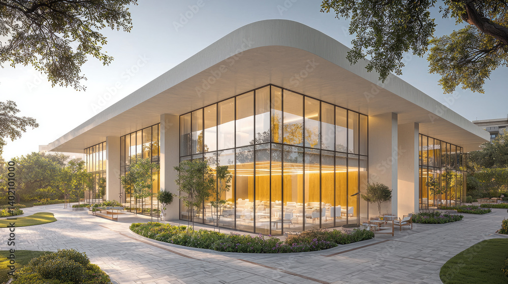 Poster modern architectural building with large glass windows surrounded by greenery, showcasing sleek design and inviting atmosphere. sunlight enhances elegant structure and landscaping