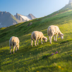 Schafe grasen auf sonnigem Berghang in alpiner Landschaft
