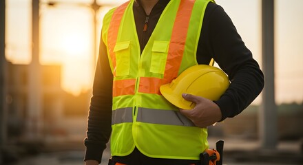 A construction worker wearing a yellow vest and a yellow hard hat. The worker is holding a tool in his hand