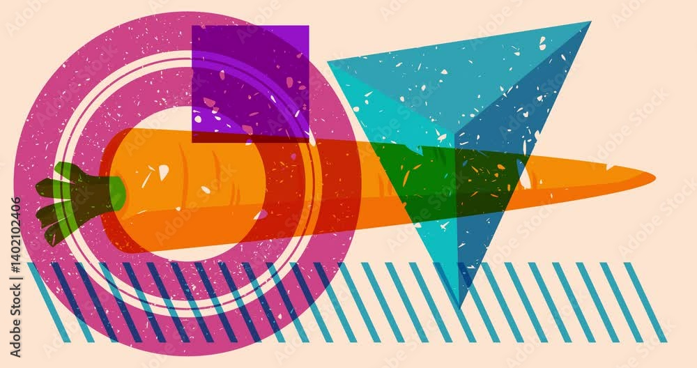 Poster risograph carrot with geometric shapes animation. moving object in trendy riso graph design video.