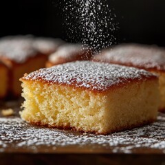 A close-up shot of a freshly baked vanilla sponge cake with powdered sugar dusting.