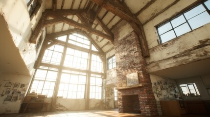 Obraz premium Sunlit Loft Interior Rustic Beams Brick Fireplace Large Windows