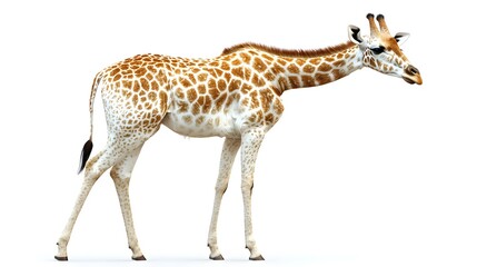 Naklejka premium Giraffe in Profile: A reticulated giraffe stands gracefully against a plain background, its distinctive coat pattern clearly visible.