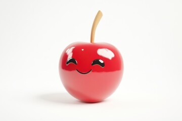 A cute, smiling 3D-rendered cherry with a wooden stem, isolated on a white background.