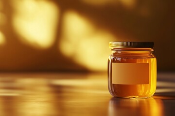 A glass jar of golden honey placed on a reflective surface with warm sunlight streaming in