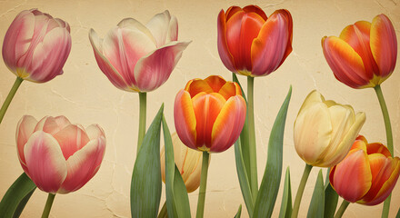 Obraz premium Vintage Tulip Garden Illustration with Aged Texture
