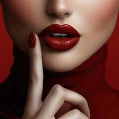 Naklejka premium close up of woman lips with bold red lipstick, showcasing glamorous and sophisticated look. background is rich red, enhancing overall elegance and allure