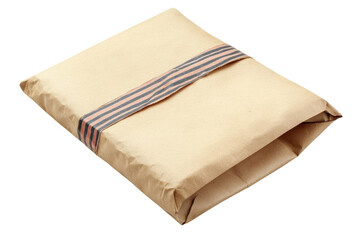 Rustic kraft paper package tied with striped ribbon vintage style minimalist design neutral tones