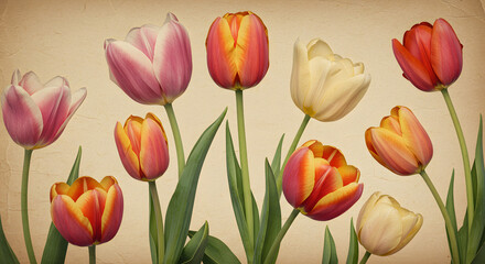Fototapeta premium Vintage Tulip Garden Illustration with Aged Texture