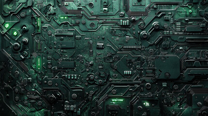 Fototapeta premium Futuristic green circuit board with glowing lights and intricate