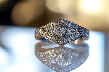 An art deco style ring with geometric diamond patterns, showcased on a reflective white glass surface.