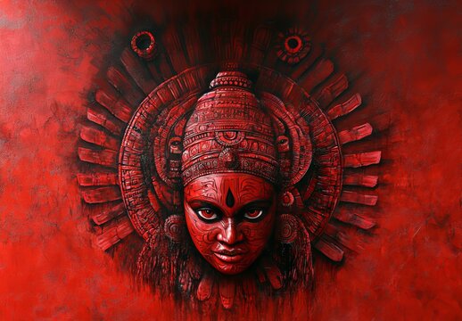 artistic portrait of theyyam face painted in red