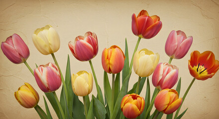 Obraz premium Vintage Tulip Garden Illustration with Aged Texture