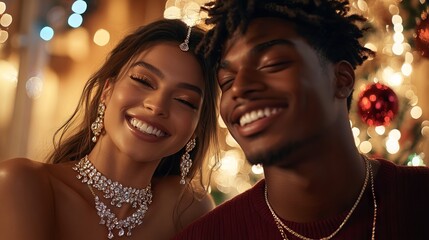 Stylish couple posing with joyful expressions at elegant evening party