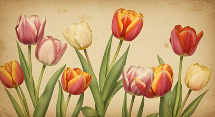 Obraz premium Vintage Tulip Garden Illustration with Aged Texture