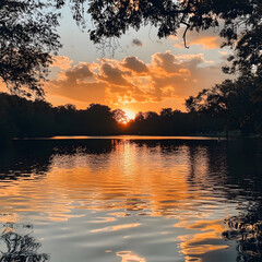 Golden Hour Lake Reflection: Serene sunset over a tranquil lake, with golden light reflecting on the calm water, framed by dark silhouettes of trees.
