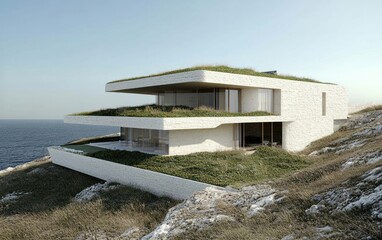Fototapeta premium Modern Coastal House with Green Roof Overlooking