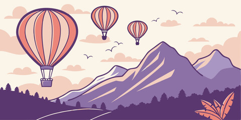 Clouds and striped hot air balloons against lilac cloudy sky fly over mountains. Hot air balloon festival. Beautiful sight several colored bright balls in the sunset sky. Romantic flight, travel
