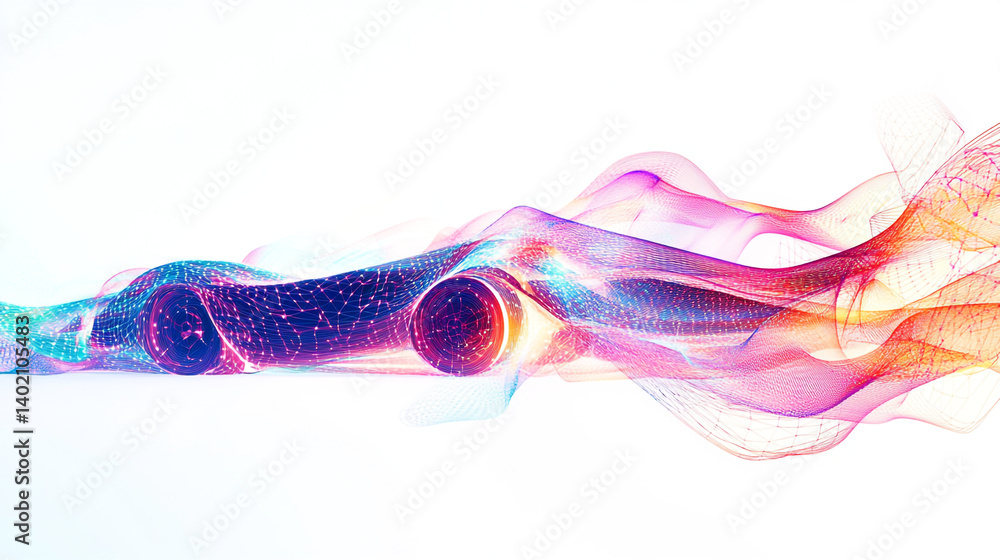 Poster abstract digital art with glowing cylinders and flowing lines on a white background design element