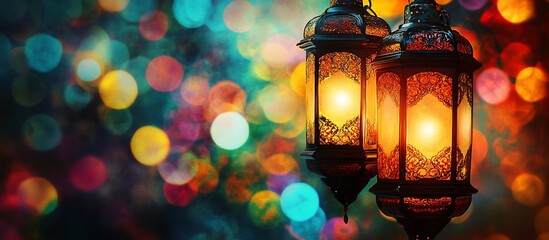 Festive lanterns glow; bokeh background; holiday card