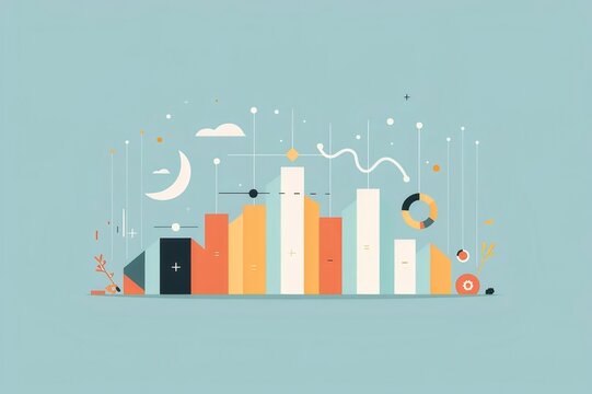 カラフルな棒グラフと円グラフのイラスト 統計データとビジネス分析のビジュアル表現 水色の背景