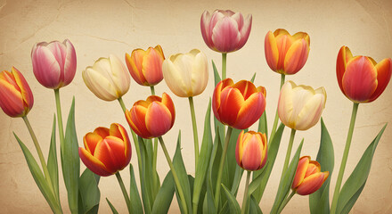 Obraz premium Vintage Tulip Garden Illustration with Aged Texture