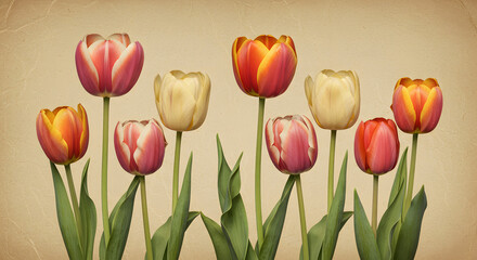Obraz premium Vintage Tulip Garden Illustration with Aged Texture