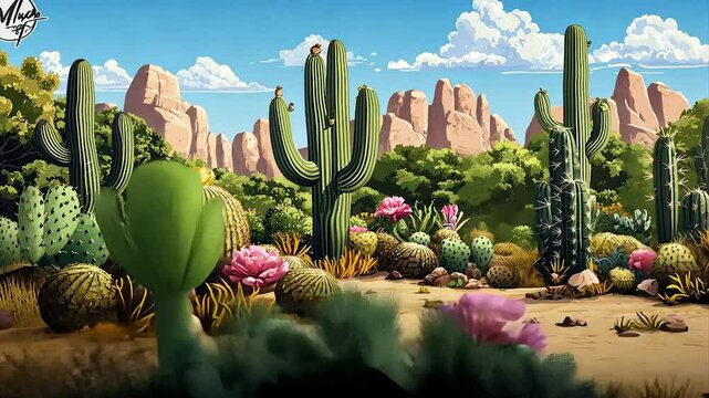 Vibrant desert landscape with diverse cacti and flowering plants under a sunny sky