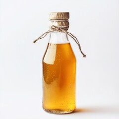 Glass bottle filled with golden oil tied with rustic rope on white background