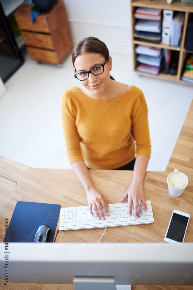 Poster above, computer and woman in office with project in creative workplace with administration in recept