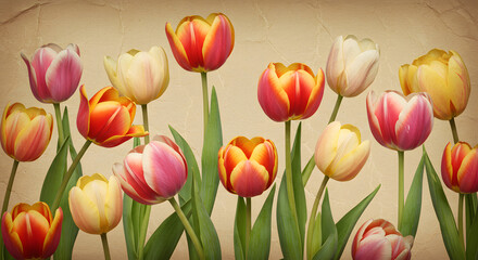 Fototapeta premium Vintage Tulip Garden Illustration with Aged Texture