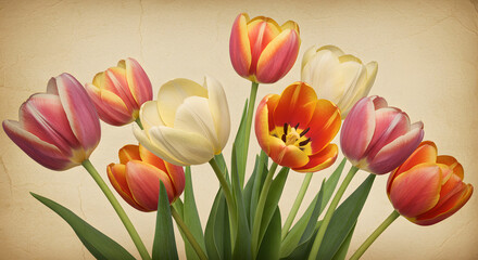 vintage tulips, retro floral background, antique flower illustration, tulip bouquet, aged paper texture, botanical print, nostalgic garden, spring flowers, retro wallpaper, classic floral art, old-fas