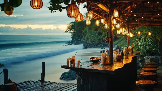 Beachfront bar at sunset, string lights, cocktails