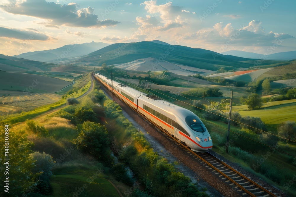 Aufkleber 夕日の光の中で緑豊かな丘陵地帯を走る高速列車 鉄道車両が美しい風景の中を移動する様子