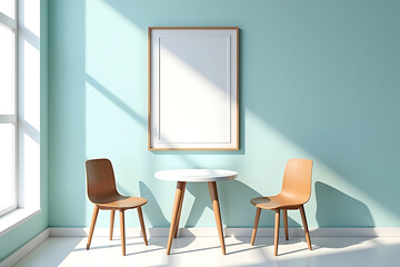 Minimalist Art Café Mockup with Blank Frame and Wooden Chairs