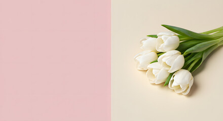 Fototapeta premium Minimalist White Tulips on Pastel Background for Spring Design